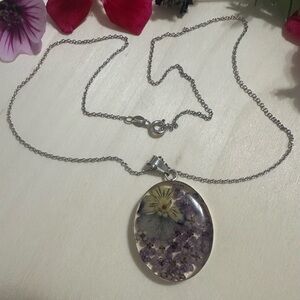 Handmade sterling silver 925 Purple Floral Resin Pendant Necklace 18”